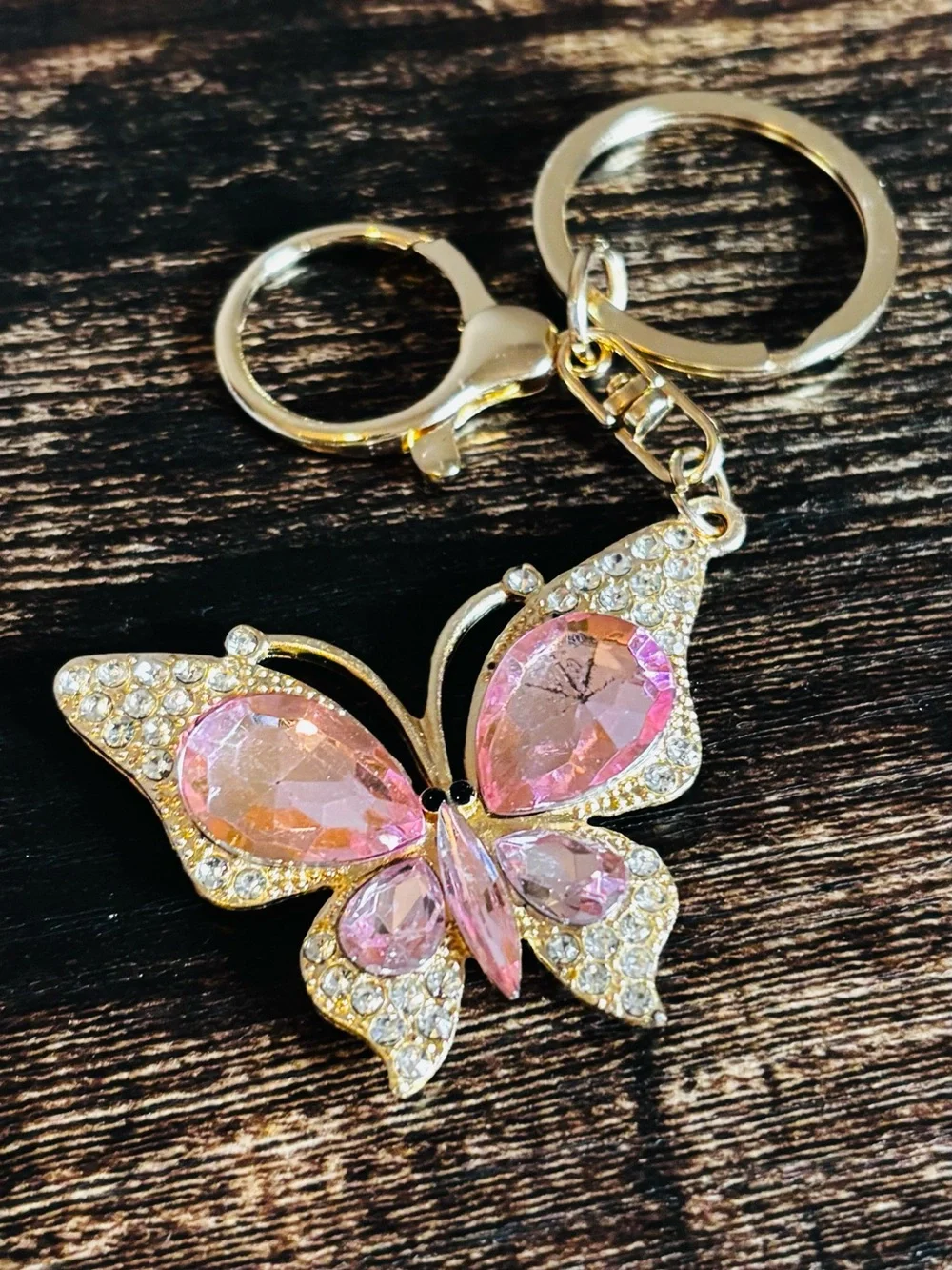 Pink Crystal Rhinestone Butterfly Keychain - Gold Tone